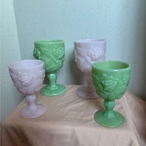 Vintage Rose Embossed Goblets - Green and Pink - set of 4